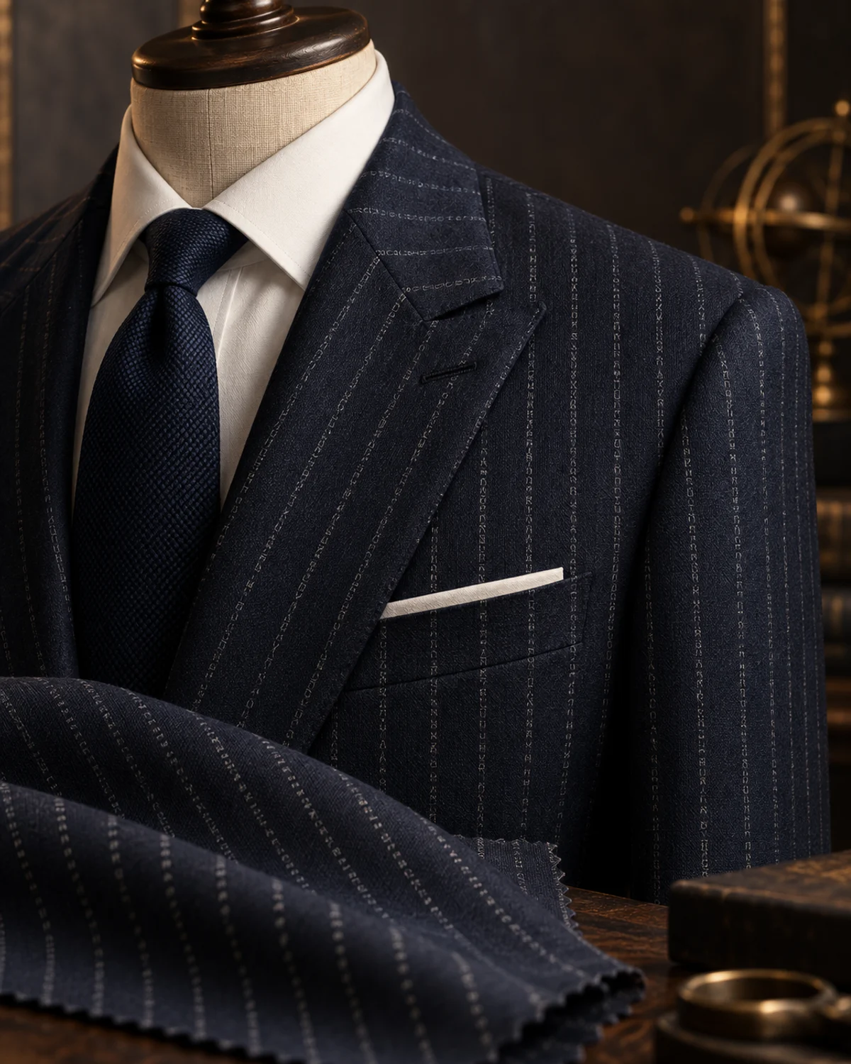 Midnight navy bespoke suit with subtle letterform pinstripes woven into the fabric